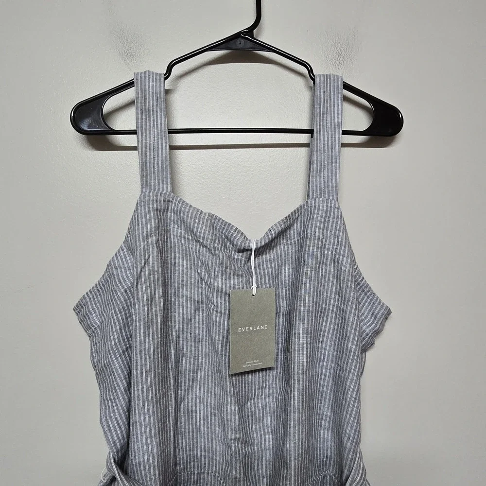 Everlane Women's Linen Jumpsuit Sz 14 Gray White Stripe Tie Waist Sleeveless NWT